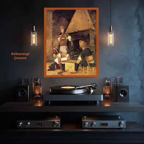 Tavla Oynayan Zeybekler, Osmanlı Dönemi Kıyafetleriyle Geleneksel Kahvehane Sahnesini Yansıtan Nostaljik Sanat Tablosu