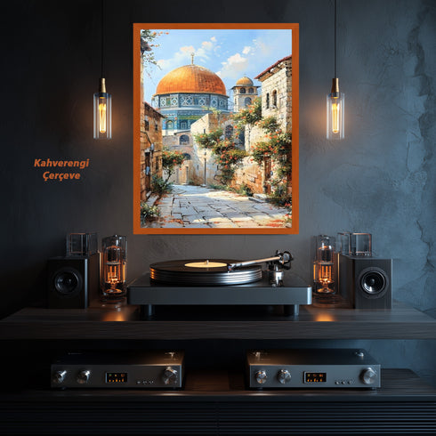 Kubbetüs Sahra ve Tarihi Taş Sokaklar, Çiçeklerle Bezeli Kudüs Manzarasında Huzur ve Maneviyat Yansıtan Sanat Tablosu