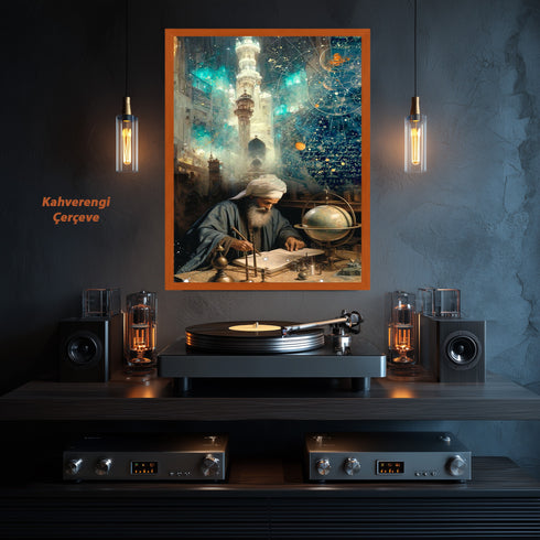 İslam Alimi ve Astronomi Çalışması Kanvas Tablo – Bilim ve İlim Temalı İslami Duvar Dekoru, Dini ve Manevi Sanat Eseri