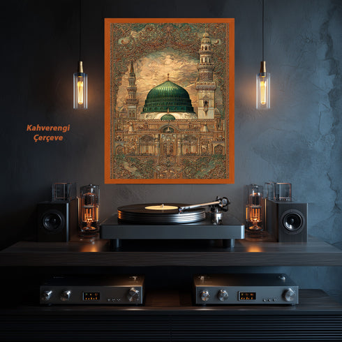 Mescid-i Nebevi Yeşil Kubbe Osmanlı Desenli Kanvas Tablo – İslami Sanat Motifli Dini Duvar Dekoru, Medine Temalı Salon Tablosu
