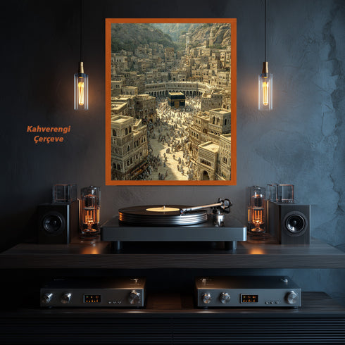 Eski Kabe-i Muazzama ve Mekke Şehir Manzarası Kanvas Tablo – Hac ve Umre Temalı İslami Duvar Dekoru, Dini ve Manevi Salon Tablosu