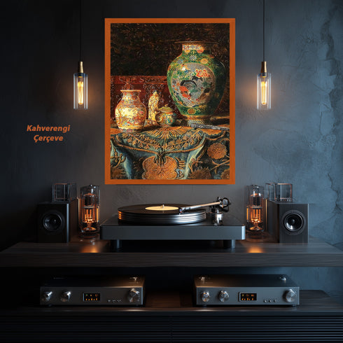 Eskitilmiş Çerçeveli Klasik Natürmort Sanat Tablosu Poster, Çin Porselen Vazolar ve Oryantal Desenli Kumaşlı Duvar Sanatı