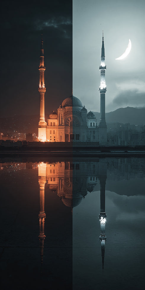 Gece ve Hilal Işığında Camii Kanvas Tablo – İslami Duvar Dekoru, Dini Mimari Sanat Eseri, Modern ve Klasik Ev Dekorasyonu