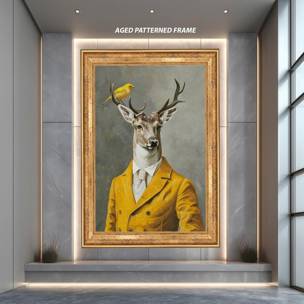 Deer Gentleman Portrait Wall Art, Stag in Yellow Suit with Bird Print, Surreal Animal Anthropomorphic Artwork