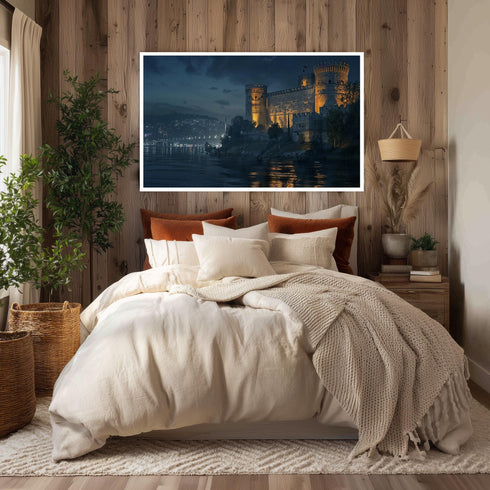 Rumeli Fortress Night Canvas Print, Istanbul Castle Wall Art with Bosphorus Lights, Dark Historic Cityscape Decor for Moody Interiors
