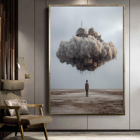 Surreal Cloud City Wall Art – Floating Building in Sky over Desert, Sci-Fi Fantasy Landscape Print for Modern Home Decor