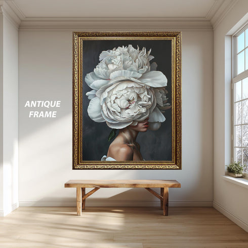 Floral Woman Portrait Wall Art, Surreal White Peony Head Artwork, Modern Botanical Female Print for Elegant Home Decor