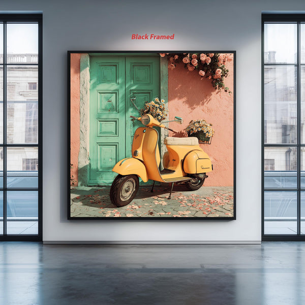 Vintage Style Scooter Art, Romantic Italy Print, Summer Vibes Home Decor, Wanderlust Gift, Cute Vehicle Illustration, Yellow and Teal Art