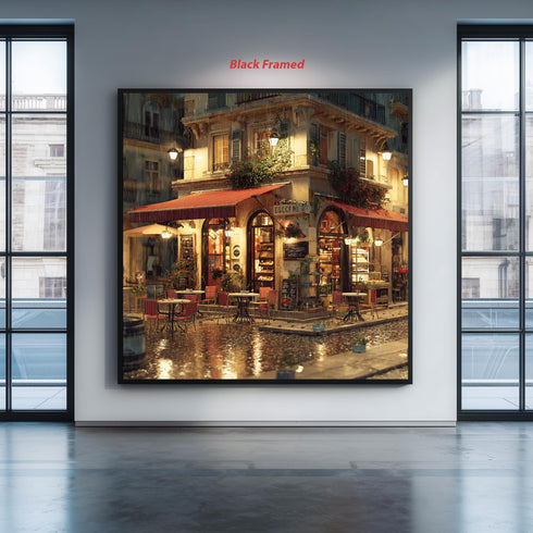 Rainy Paris Corner Cafe Canvas, Red Awning Bistro Painting, Romantic City Night Wall Art, Wet Cobblestone Street, Urban Landscape Print