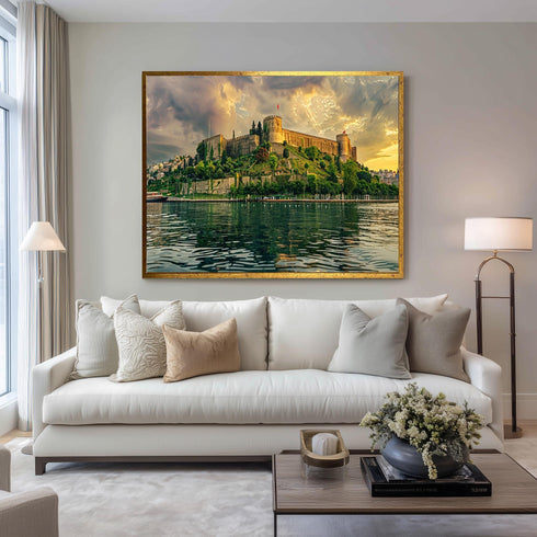 Rumeli Fortress Istanbul Canvas Art, Golden Sunset over Bosphorus Print, Historic Turkish Landmark Wall Decor for Cultural Interiors