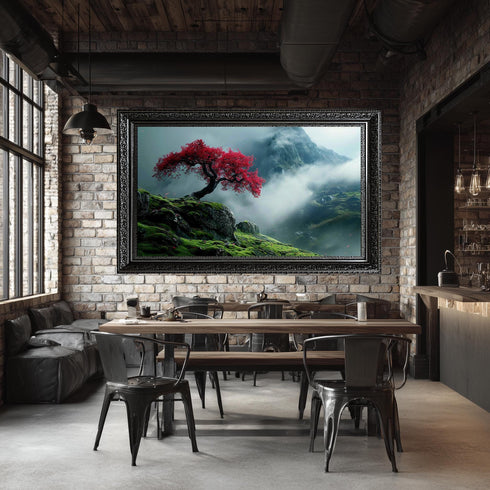 Kırmızı Yapraklı Ağaç ve Sisli Orman Tablo