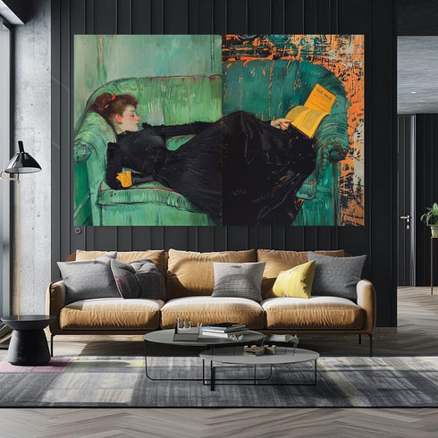 Vintage Klasik Kitap Okuyan Kadın Tablo