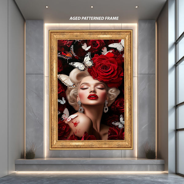 Glamorous Woman with Roses and Butterflies Wall Art, Vintage Hollywood Beauty Portrait, Romantic Red Floral Canvas for Chic Interiors