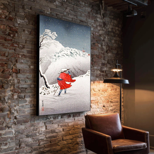 Japanese Woodblock Canvas Art, Winter Snow Landscape, Ukiyo-e Print, Red Kimono Traveler, Traditional Asian Decor, Shin Hanga Style