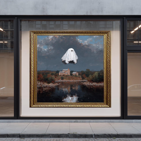 Flying Ghost Painting Over Countryside Landscape Spooky Halloween Art Surreal Haunted House Scene for Gothic or Quirky Wall Decor