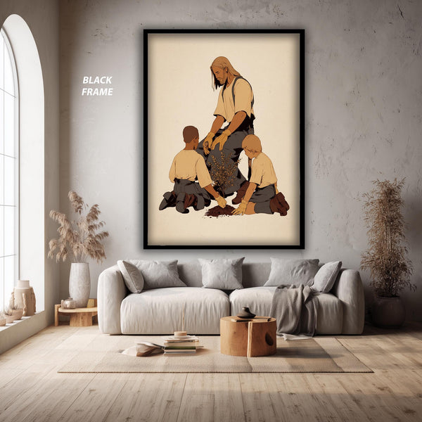Jesus Gardening with Children Canvas, Carpenter Jesus Art, Christian Boys Room Decor, Faith of Mustard Seed, Religious Nursery