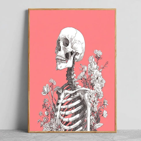 Skeleton and Flowers Wall Art – Gothic Botanical Skull Illustration on Pink Background, Dark Academia Aesthetic Print for Home Decor