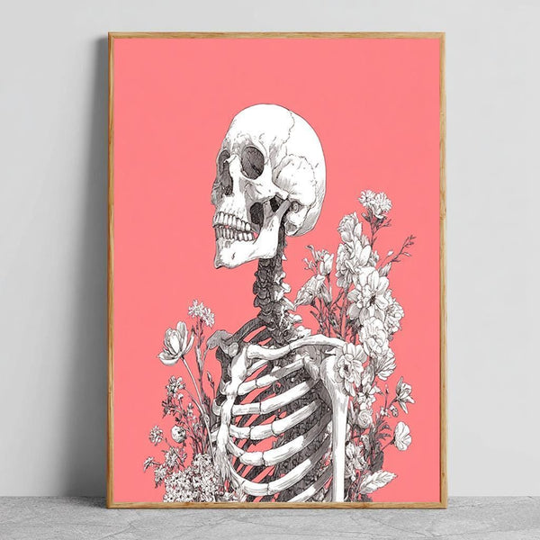 Skeleton and Flowers Wall Art – Gothic Botanical Skull Illustration on Pink Background, Dark Academia Aesthetic Print for Home Decor