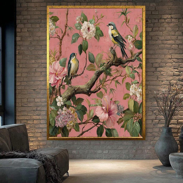 Birds and Flowers Wall Art – Vintage Botanical Painting on Pink Background, Nature Inspired Floral and Bird Canvas for Home Decor