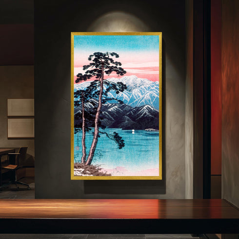 Japanese Woodblock Canvas Art, Mount Fuji Print, Pine Tree Lake Landscape, Pink Sunset Sky, Shin Hanga Style, Asian Wall Decor