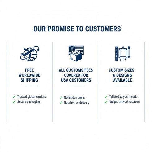 The image is a promotional graphic that highlights the promises made by a company to its customers. It features three columns of text and three icons representing different shipping options, along with checkmarks indicating that these promises are true.