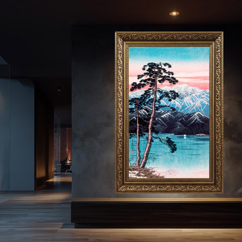 Japanese Woodblock Canvas Art, Mount Fuji Print, Pine Tree Lake Landscape, Pink Sunset Sky, Shin Hanga Style, Asian Wall Decor