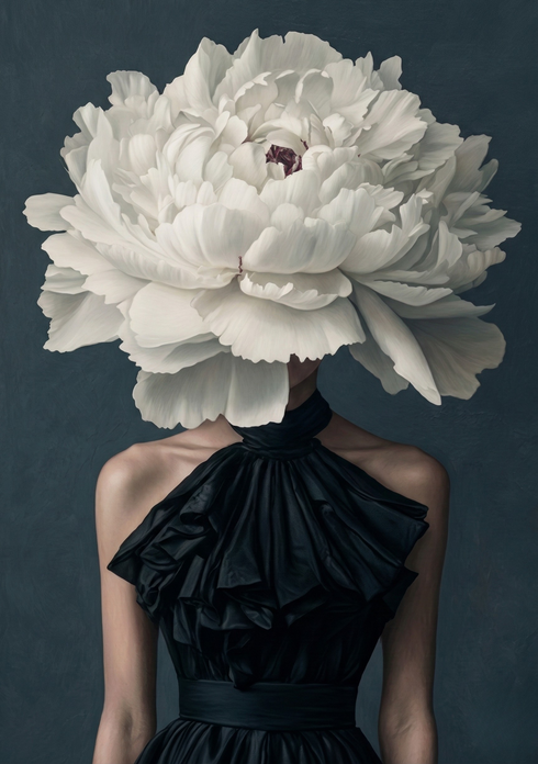 Çiçek Başlı Kadın Tablo, Beyaz Şakayık Portre Duvar Sanatı, Karanlık Estetik Moda İlhamlı Botanik Sürreal Dekor Tablosu