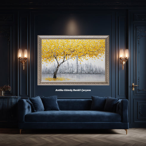 Sarı Yapraklı Ağaç ve Gri Şehir Manzarası Tablosu Modern Soyut Kanvas Duvar Dekoru Salon Ofis İçin Büyük Boy Tas