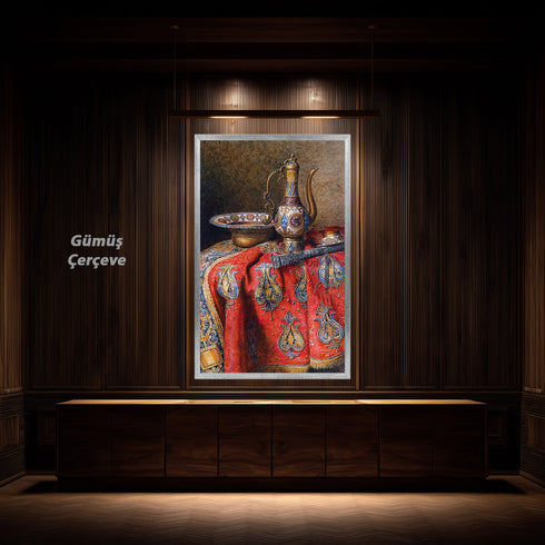 Eskitilmiş Çerçeveli Oryantal Natürmort Sanat Tablosu Poster, Osmanlı İbriği ve İşlemeli Kumaş Detaylı Klasik Duvar Sanatı