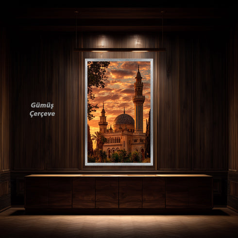 Gün Batımında Tarihi Cami ve Minare Kanvas Tablo – Altın Gökyüzü Temalı İslami Duvar Dekoru, Dini ve Manevi Salon Tablosu