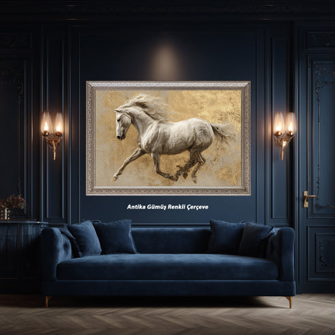 Koşan Beyaz At Tablosu Altın Varak Dokulu Arka Planlı Lüks Kanvas Duvar Dekoru, Salon Ofis İçin Büyük Boy At Figürlü Tablo