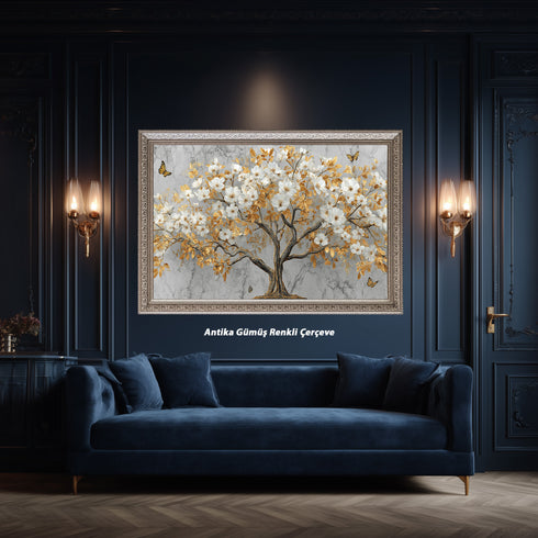 Mermer Zeminli Altın Yapraklı Beyaz Çiçekli Ağaç Tablosu Kelebekli Lüks Modern Kanvas Duvar Dekoru Salon İçin