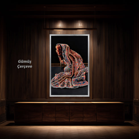 Modern Soyut Natürmort Sanat Tablosu Poster, Desenli Kumaş ve Klasik Koltuk Detaylı Lüks Dekoratif Duvar Sanatı Baskısı