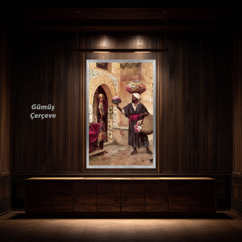 Oryantal Günlük Yaşam Sahnesi Sanat Tablosu Poster, Çiçek Satıcısı ve Osmanlı Mimarisinde Kadın Figürlü Klasik Duvar Sanatı