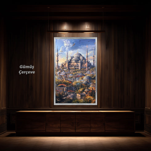 Ayasofya ve Tarihi İstanbul Silüeti Sanat Baskısı, Kubbe ve Minarelerle Osmanlı Mimarisi, Masalsı Şehir Manzarası Duvar Dekoru
