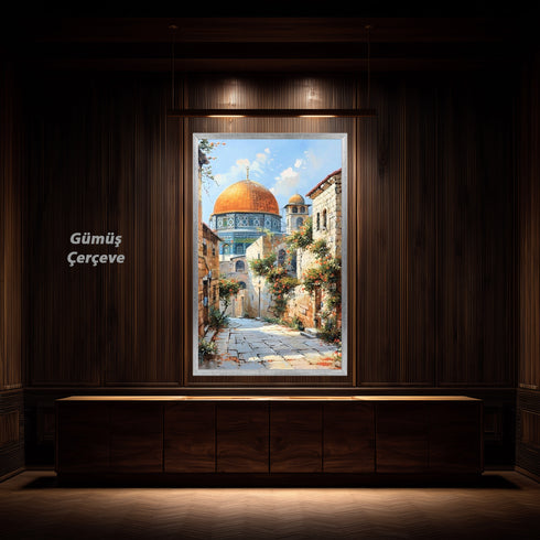 Kubbetüs Sahra ve Tarihi Taş Sokaklar, Çiçeklerle Bezeli Kudüs Manzarasında Huzur ve Maneviyat Yansıtan Sanat Tablosu