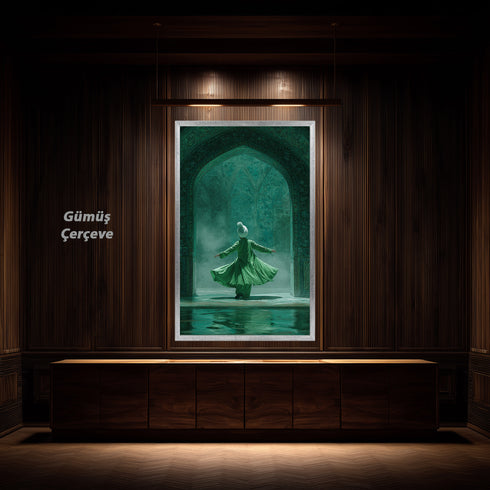 Semazen ve Tasavvuf Temalı İslami Kanvas Tablo – Yeşil Tonlu Manevi Atmosferli Dini Duvar Dekoru, Mevlevi Sanat Eseri