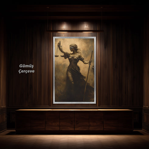 Adalet Tanrıçası Themis Sanat Baskısı, Kör Adalet ve Terazi Sembolüyle Güçlü Mitolojik Figür, Klasik ve Dramatik Duvar Dekoru