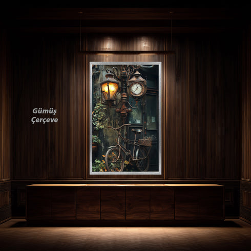 Vintage Sokak Lambası ve Bisiklet Sanat Tablosu Poster, Nostaljik Şehir Detayı ile Rustik Endüstriyel Duvar Dekoru Baskısı Sanatı