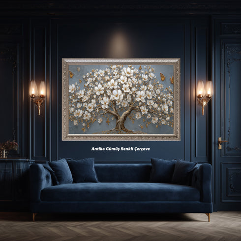 Altın Detaylı Beyaz Çiçekli Ağaç Tablosu Kelebekli Modern Kanvas Duvar Dekoru, Dokulu Salon Yatak Odası Büyük Boy Tablo