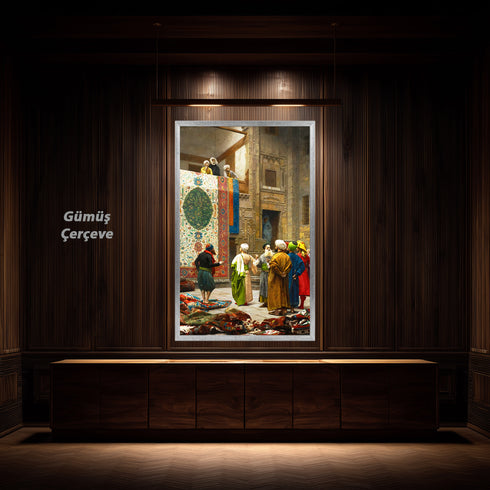 Oryantal Halı Pazarı Sahnesi Sanat Tablosu Poster, Geleneksel Doğu Mimarisi ve Renkli Figürlerle Klasik Tarihi Duvar Sanatı