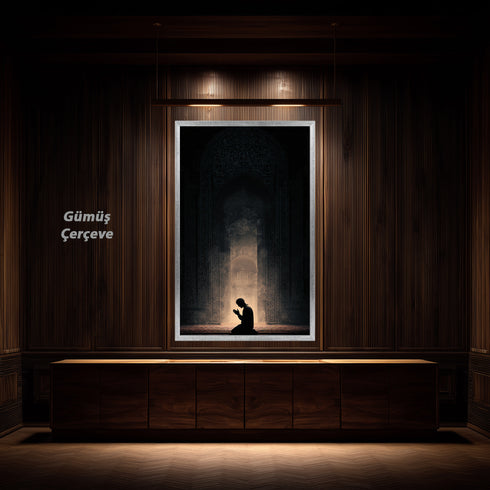 Kubbetüs Sahra Silüeti ve Dua Eden Mümin Kanvas Tablo – Işık ve Gölge Temalı İslami Duvar Dekoru, Dini Salon Tablosu