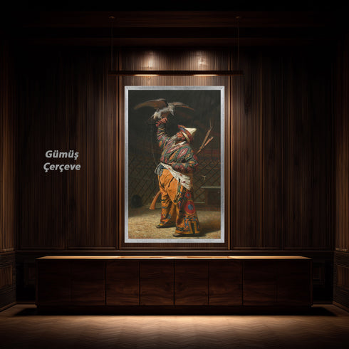 Oryantal Avcı Figürü Sanat Tablosu Poster, Şahinli Osmanlı Av Sahnesi ile Geleneksel Doğu Temalı Klasik Duvar Sanatı Baskısı