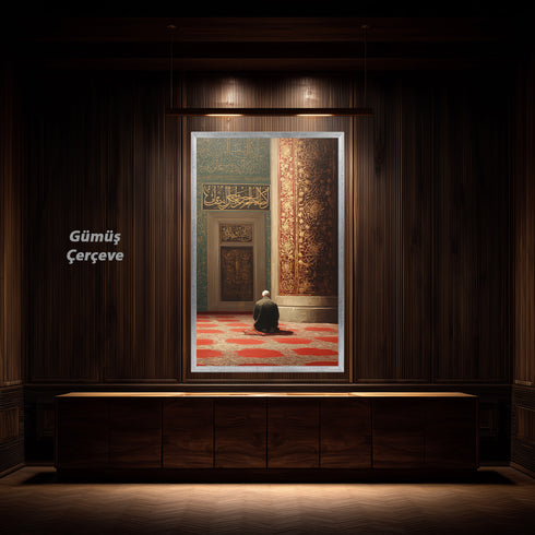 Cami İçinde Dua Eden Mümin Kanvas Tablo – Altın Varak Detaylı İslami Duvar Dekoru, Dini ve Manevi Salon Tablosu