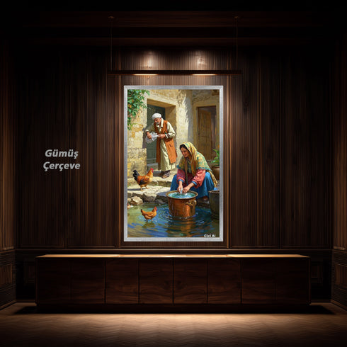 Geleneksel Köy Yaşamı Suluboya Sanat Baskısı, Anadolu Günlük Hayat Sahnesi, Tavuklar ve Taş Evlerle Nostaljik Duvar Dekoru