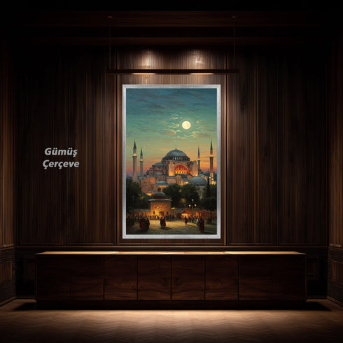Ayasofya Camii Dolunay Manzaralı Kanvas Tablo – İstanbul Temalı İslami Duvar Dekoru, Dini ve Tarihi Atmosferli Salon Tablosu