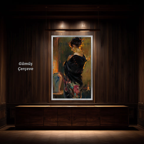 Arkadan Görünümlü Zarif Kadın Portresi, Duygusal Derinlik ve Dramatik Işıkla Yorumlanmış Modern ve Estetik Sanat Tablosu