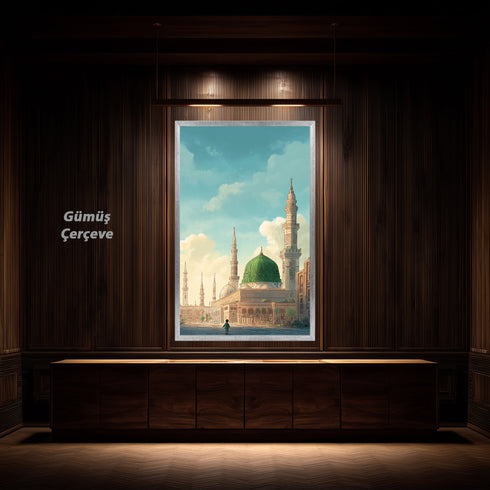 Mescid-i Nebevi ve Yeşil Kubbe Manzaralı Kanvas Tablo – Medine İslami Duvar Dekoru, Dini Mimari Temalı Salon ve Ofis Tablosu