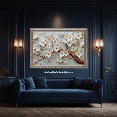 Altın Dallı Beyaz Çiçekli Ağaç Dalı Tablosu Kabartmalı Lüks Modern Kanvas Duvar Dekoru Salon Yatak Odası İçin Şık Tasarım