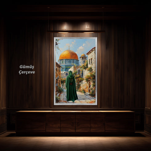 Kubbetüs Sahra ve Mescid-i Aksa Manzaralı Kanvas Tablo – Kudüs Temalı İslami Duvar Dekoru, Dini ve Manevi Atmosferli Salon Tablosu